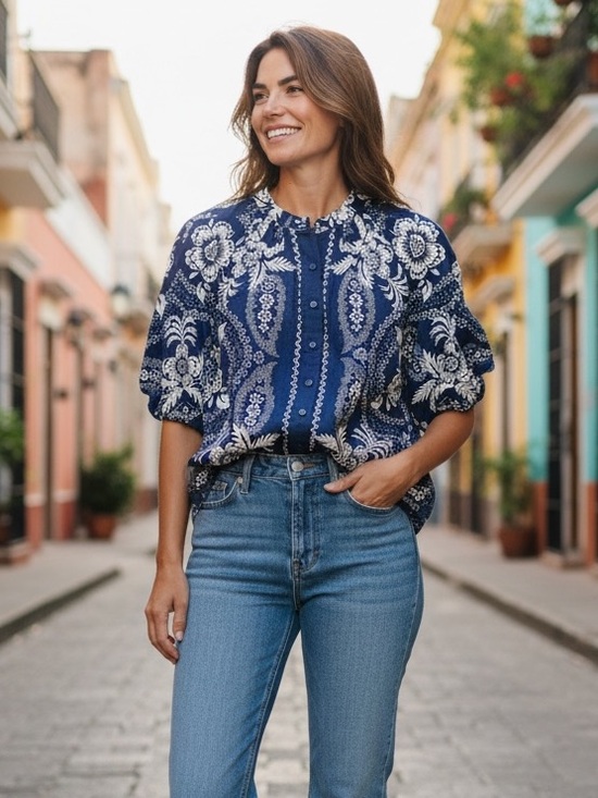 Joie Tops - Joie Linen Blend Floral Bubble Sleeve Blouse